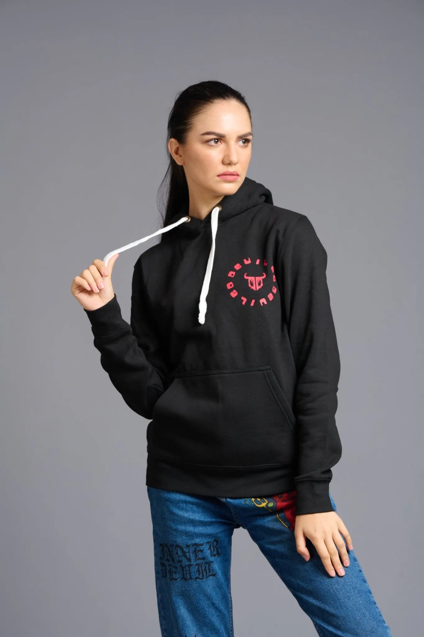 Never Give Up (in Red) Printed Black Hoodie for Women