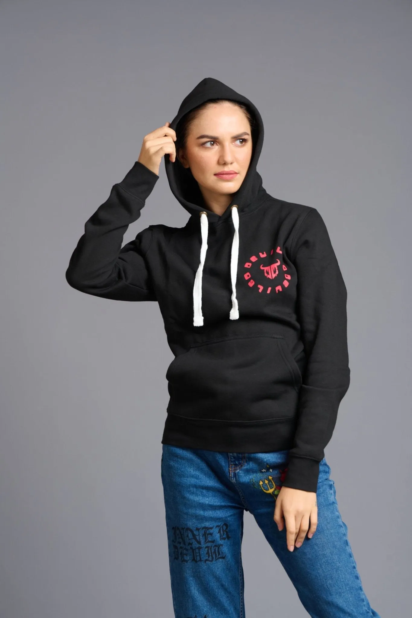 Never Give Up (in Red) Printed Black Hoodie for Women