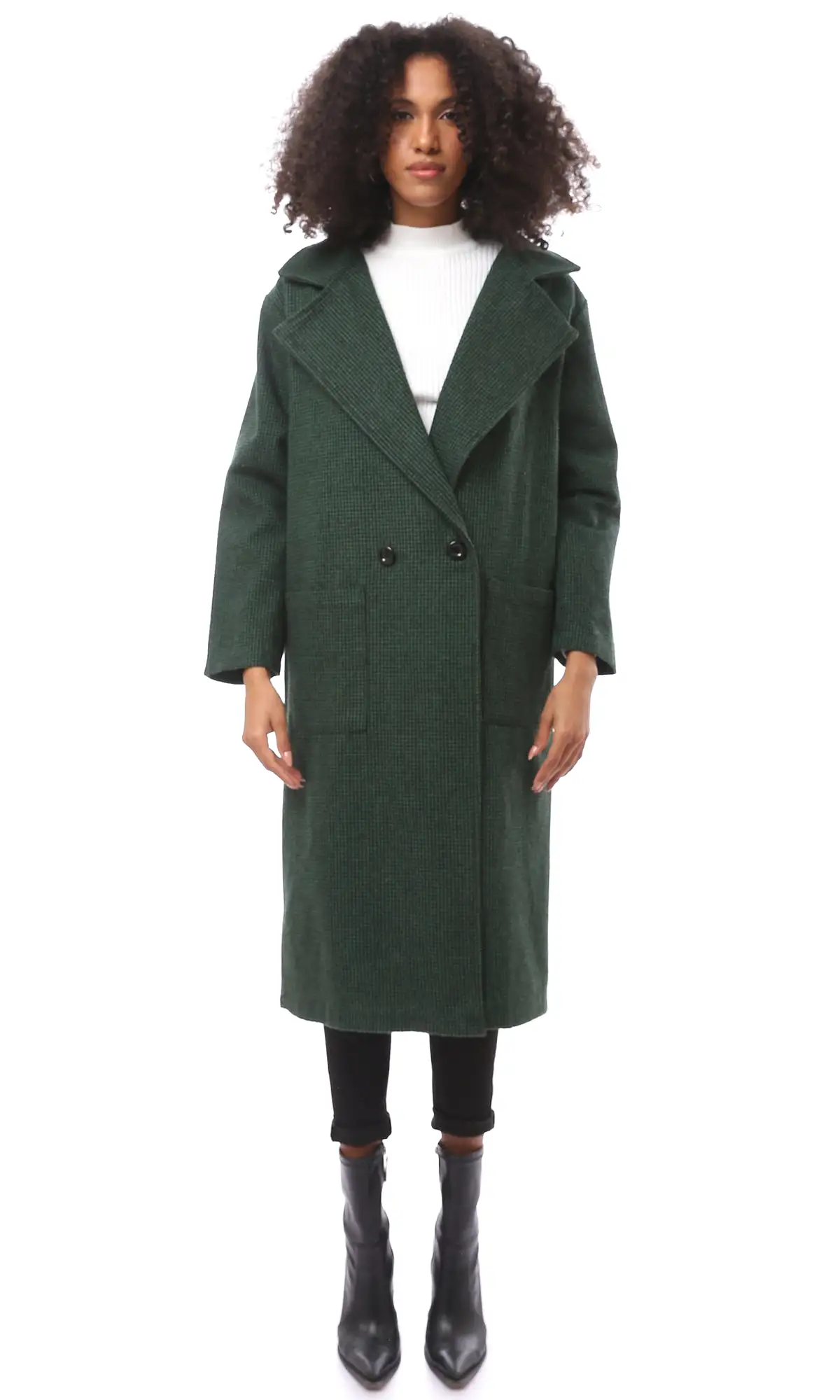 O174175 Dark Green & Black Houndstooth Coat With Pockets