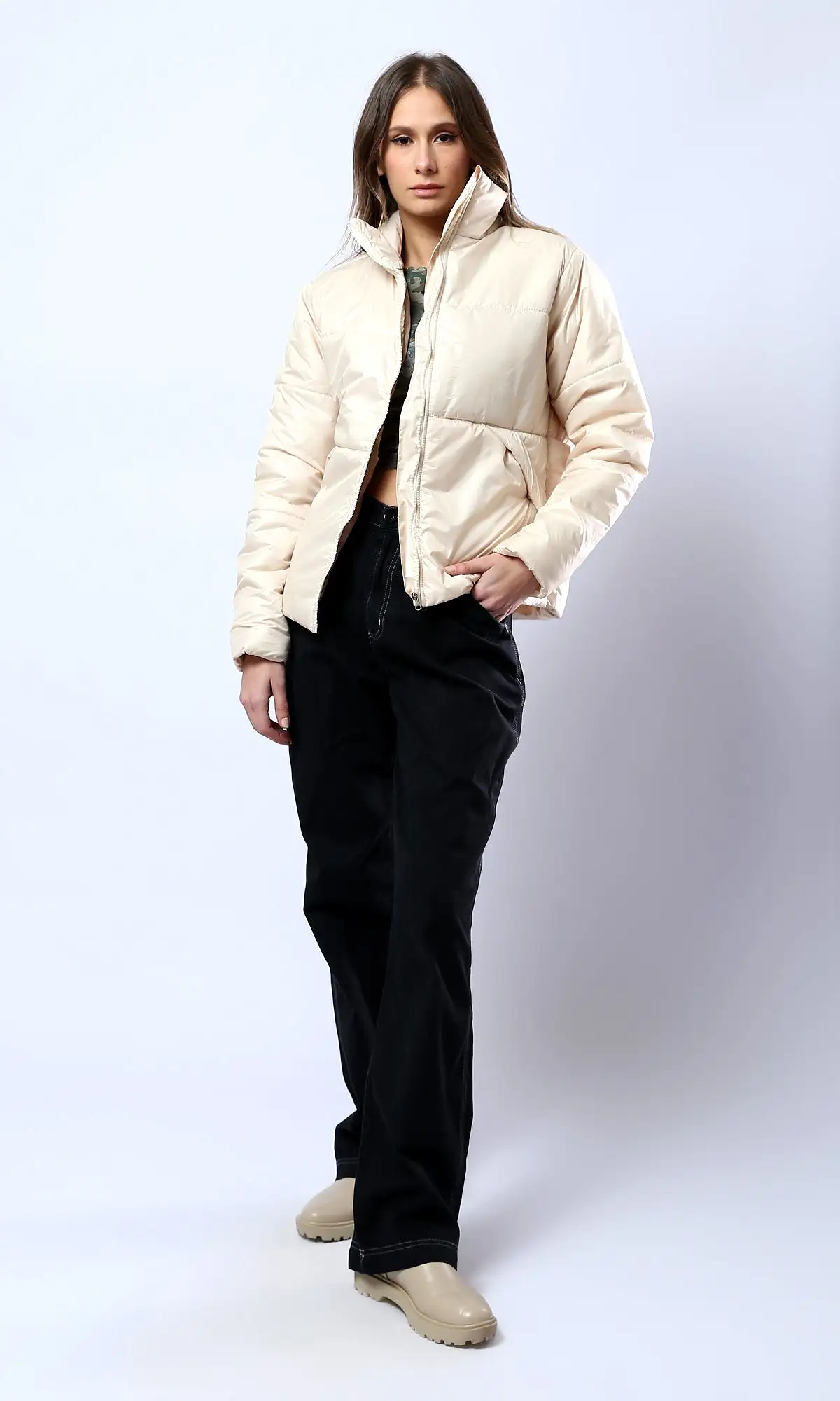 O180576 Light Beige Waterproof Jacket With Side Pockets