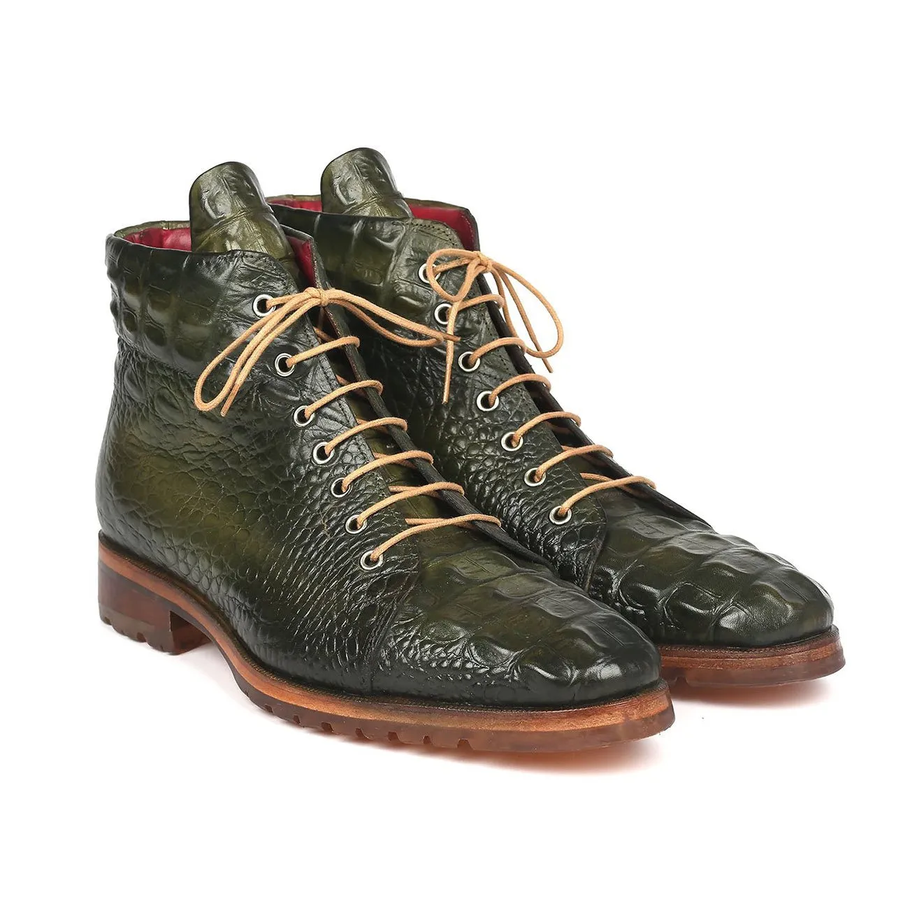 Paul Parkman 12811-GRN Men's Shoes Green Crocodile Print / Calf-Skin Leather Boots (PM6285)