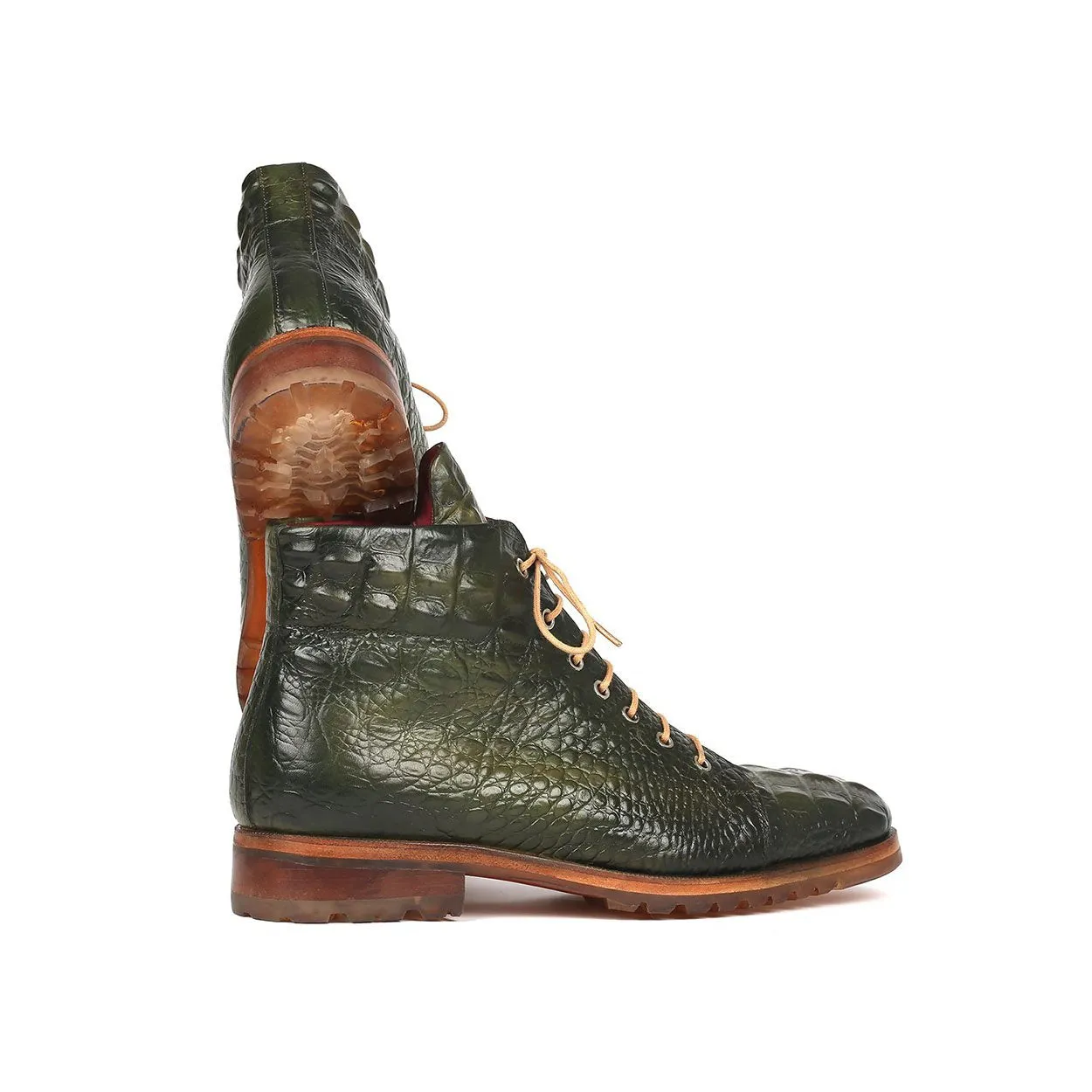 Paul Parkman 12811-GRN Men's Shoes Green Crocodile Print / Calf-Skin Leather Boots (PM6285)