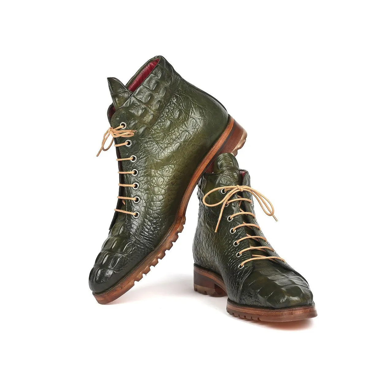 Paul Parkman 12811-GRN Men's Shoes Green Crocodile Print / Calf-Skin Leather Boots (PM6285)