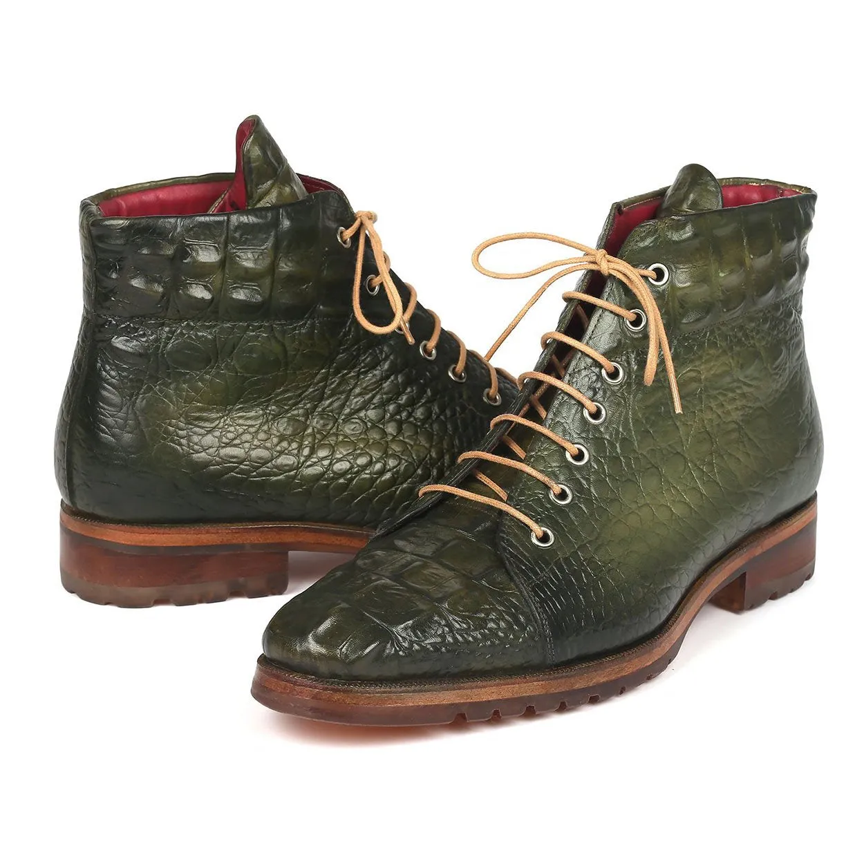 Paul Parkman 12811-GRN Men's Shoes Green Crocodile Print / Calf-Skin Leather Boots (PM6285)