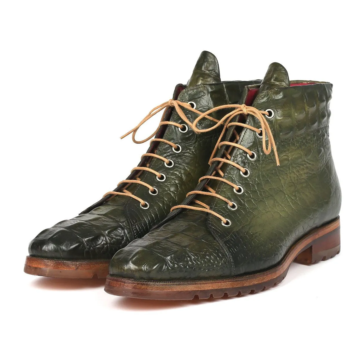 Paul Parkman 12811-GRN Men's Shoes Green Crocodile Print / Calf-Skin Leather Boots (PM6285)