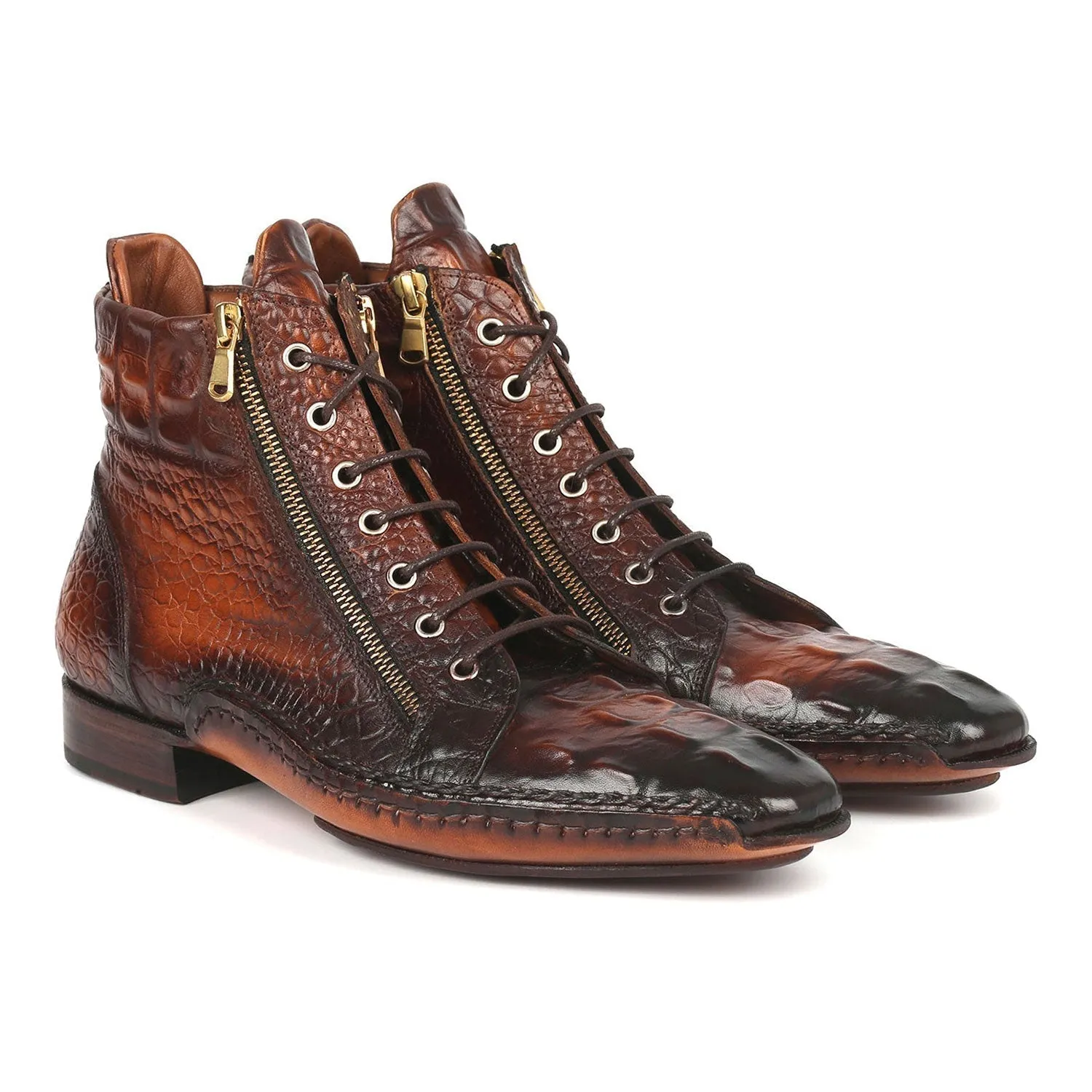 Paul Parkman 88APK87 Men's Shoes Brown Crocodile Print Leather Zipper Boots (PM6339)