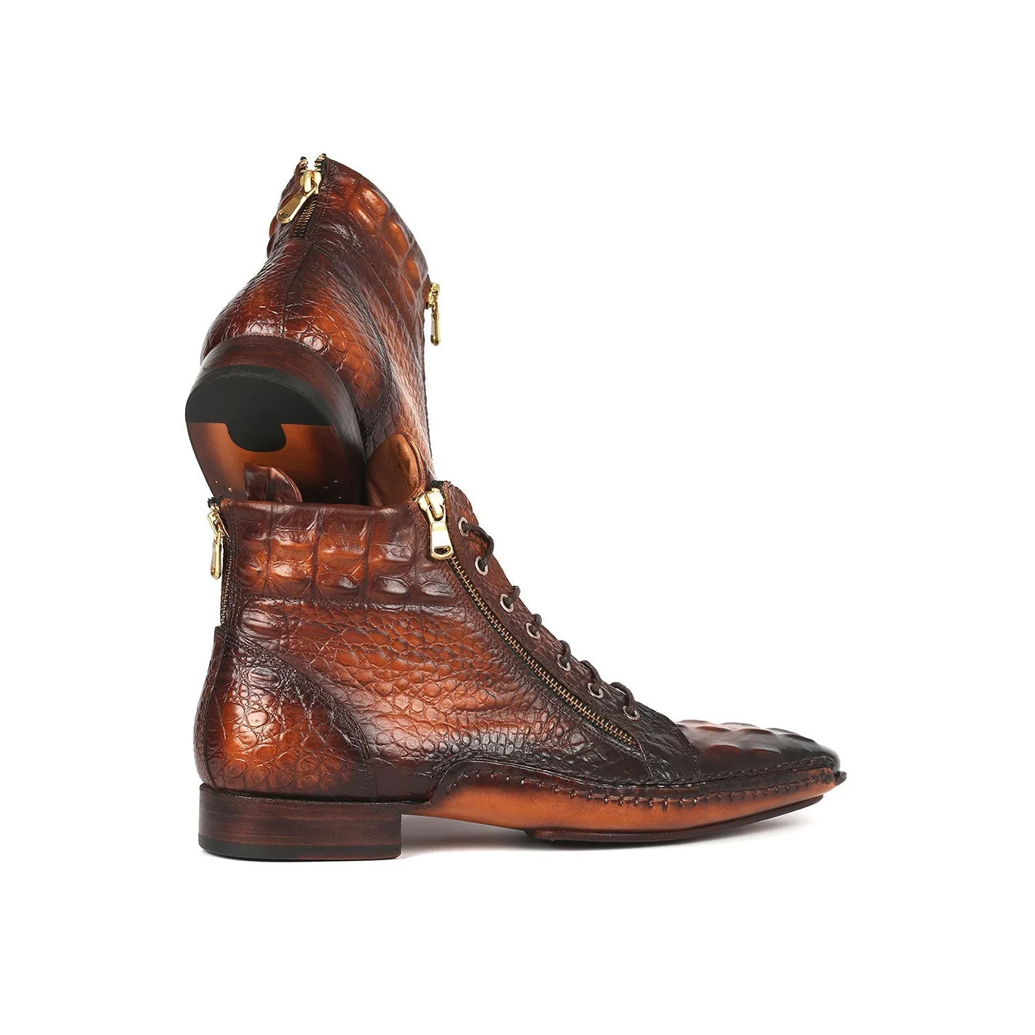 Paul Parkman 88APK87 Men's Shoes Brown Crocodile Print Leather Zipper Boots (PM6339)