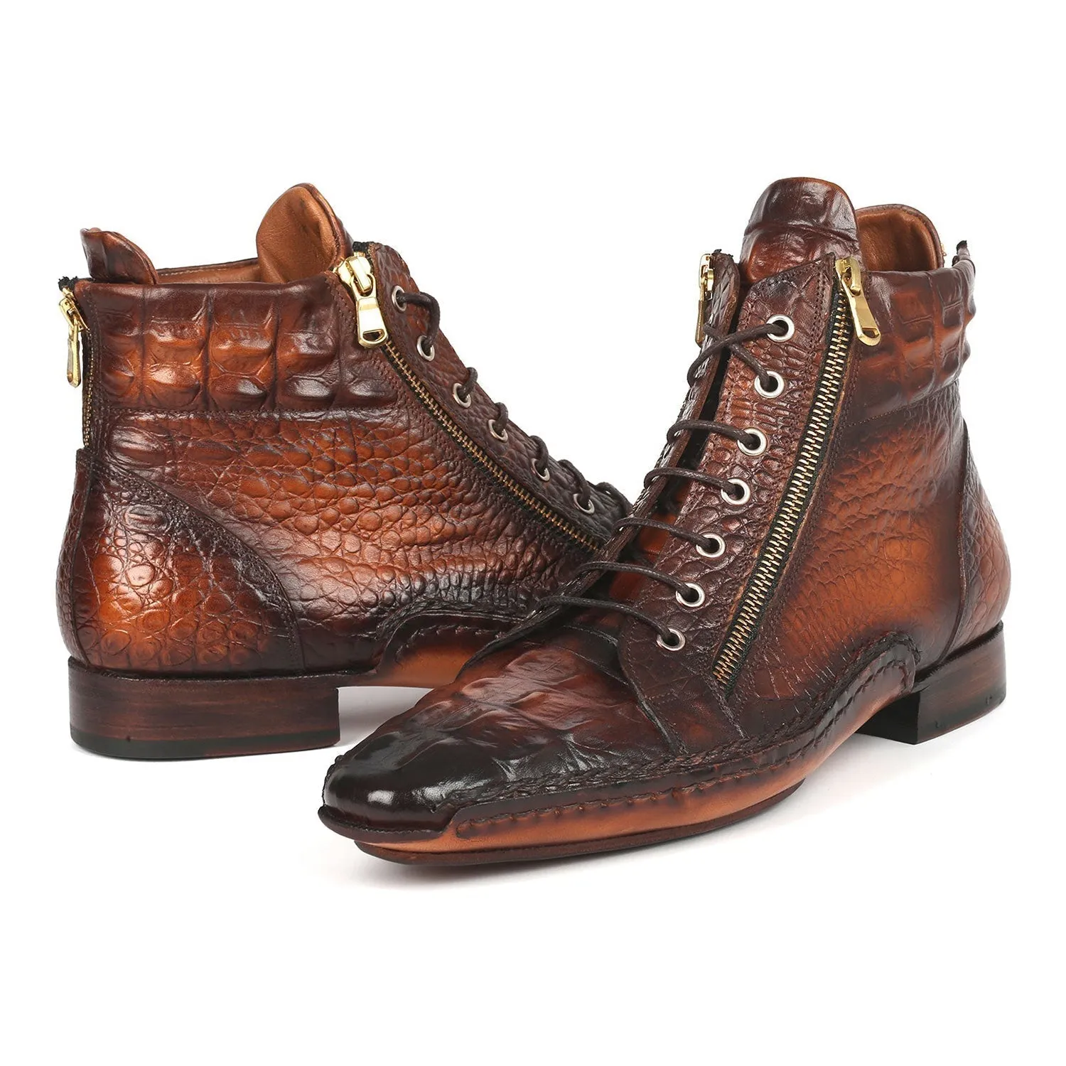 Paul Parkman 88APK87 Men's Shoes Brown Crocodile Print Leather Zipper Boots (PM6339)