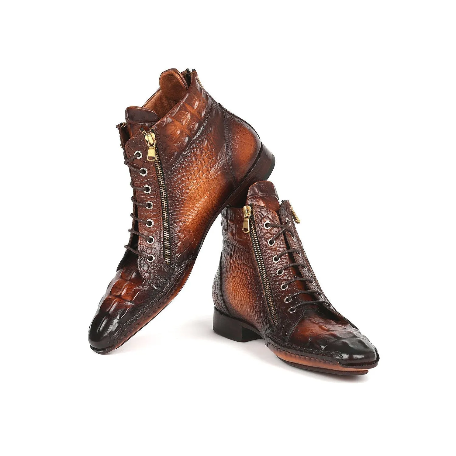 Paul Parkman 88APK87 Men's Shoes Brown Crocodile Print Leather Zipper Boots (PM6339)