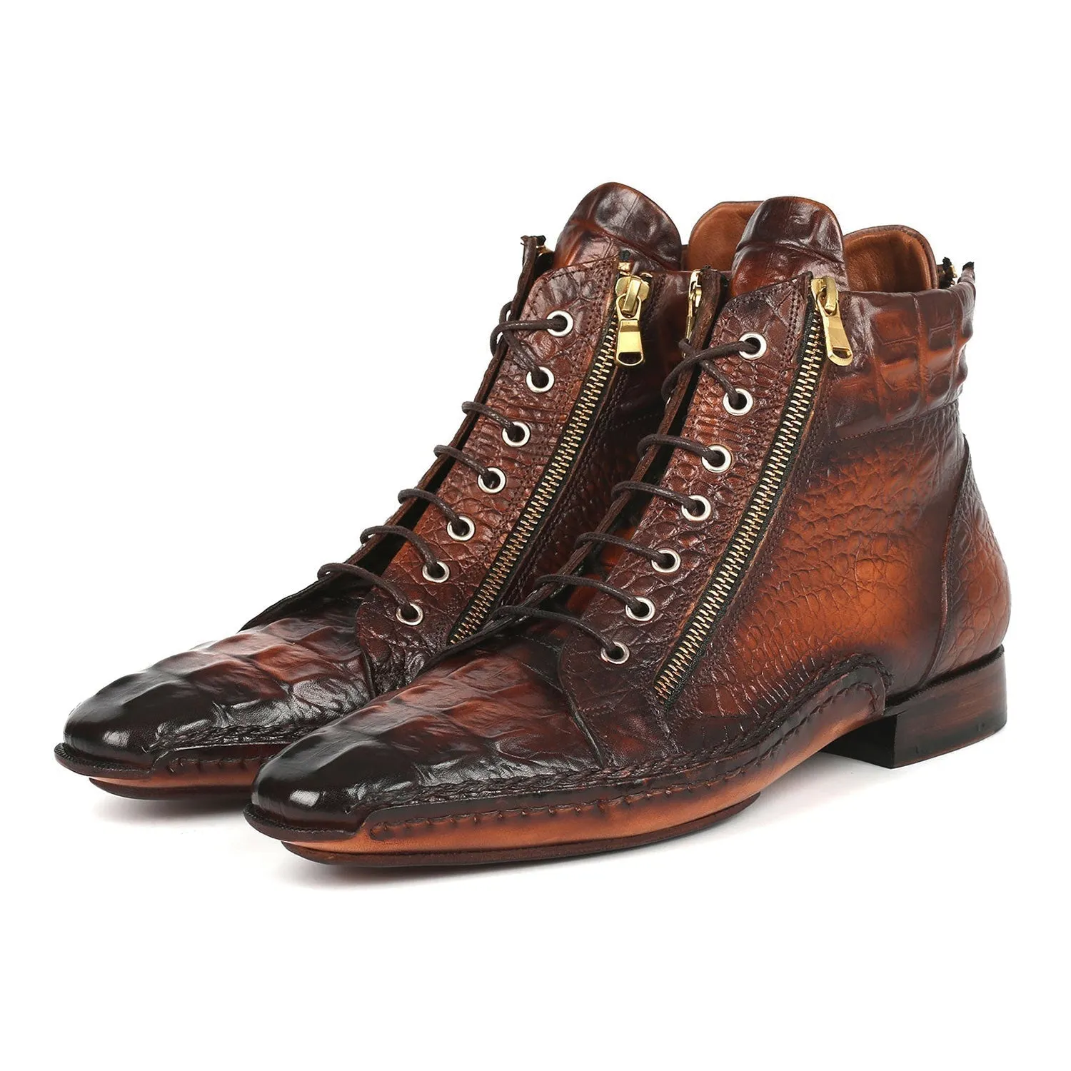 Paul Parkman 88APK87 Men's Shoes Brown Crocodile Print Leather Zipper Boots (PM6339)