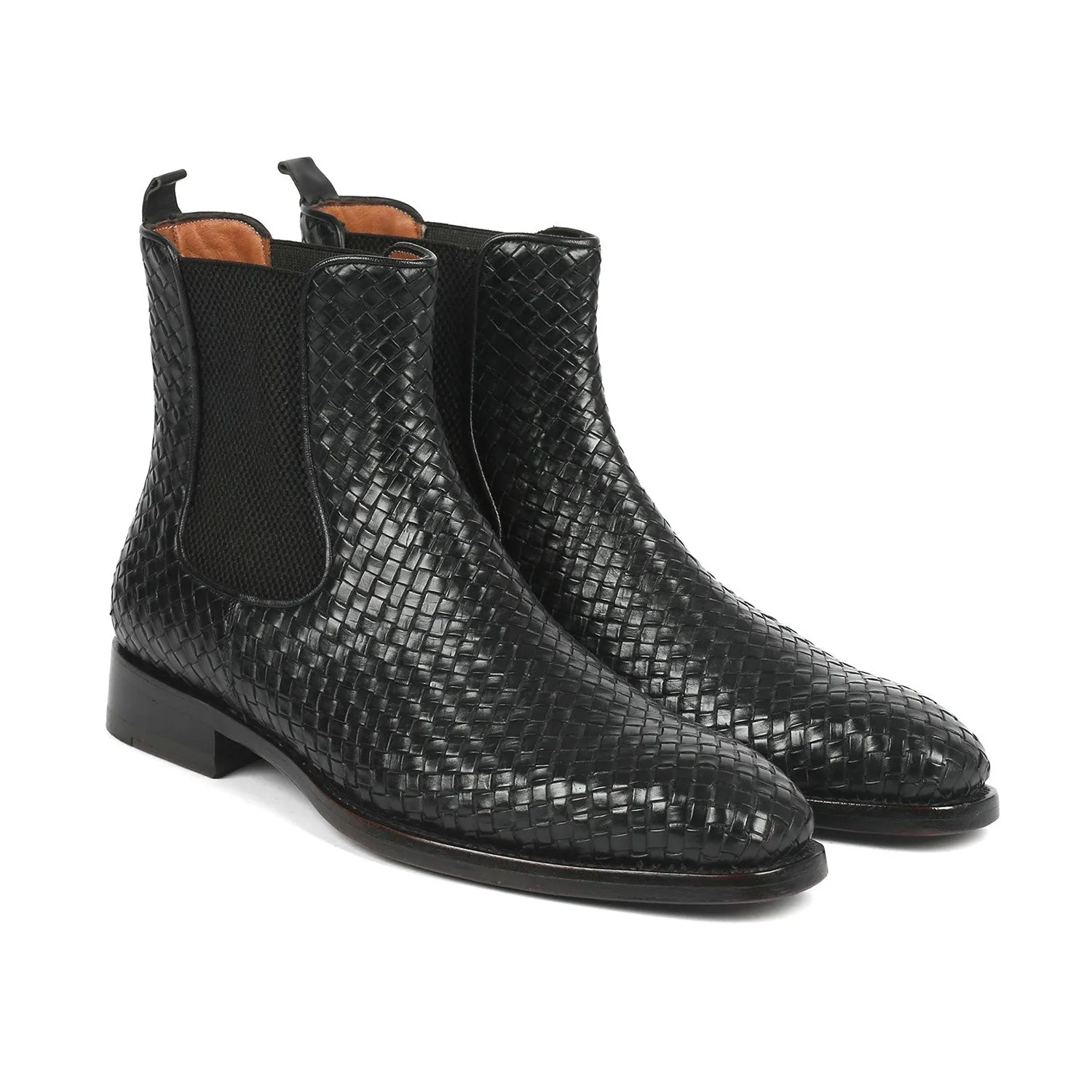 Paul Parkman 92WN87-BLK Men's Shoes Black Woven Leather Chelsea Boots (PM6346)