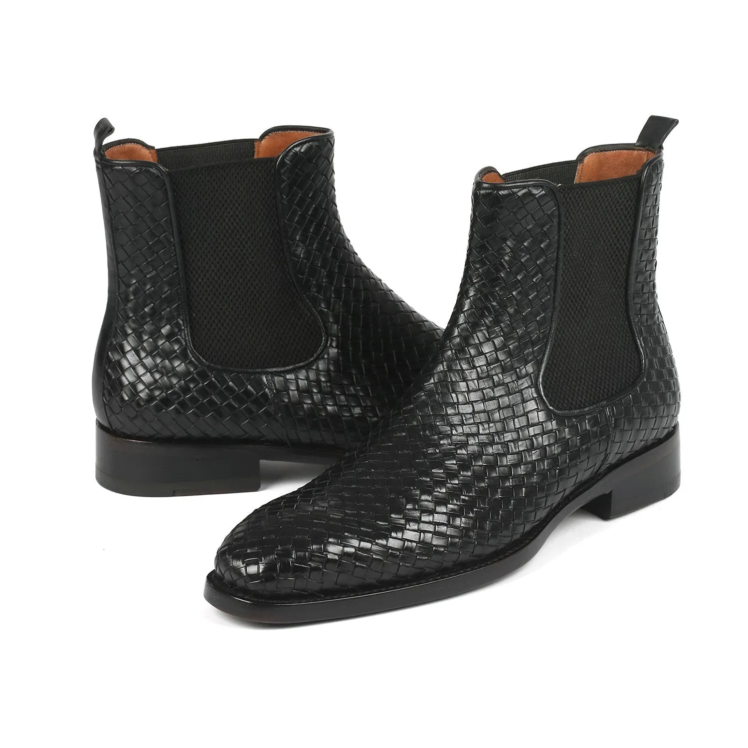 Paul Parkman 92WN87-BLK Men's Shoes Black Woven Leather Chelsea Boots (PM6346)