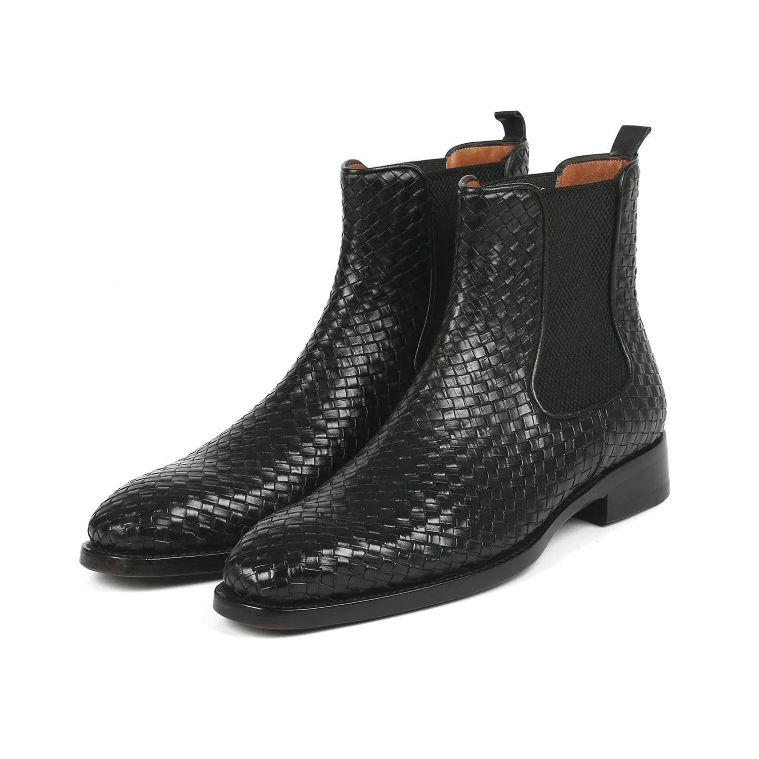 Paul Parkman 92WN87-BLK Men's Shoes Black Woven Leather Chelsea Boots (PM6346)