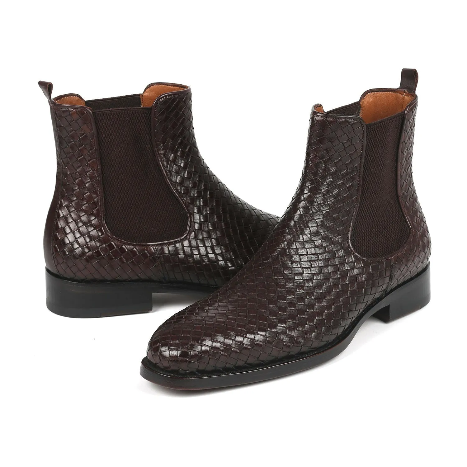 Paul Parkman 92WN87-BRW Men's Shoes Brown Woven Leather Chelsea Boots (PM6347)