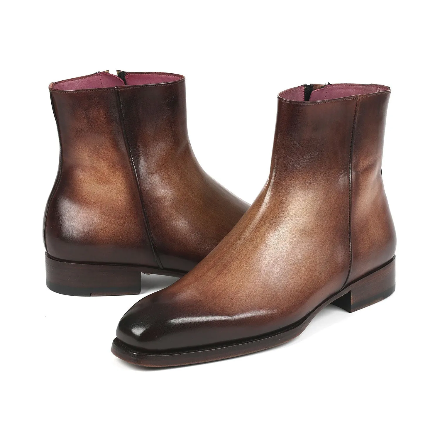 Paul Parkman BT3955-BRW Men's Shoes Brown Burnished Calf-Skin Leather Goodyear Welted Dress Zipper Boots (PM6344)