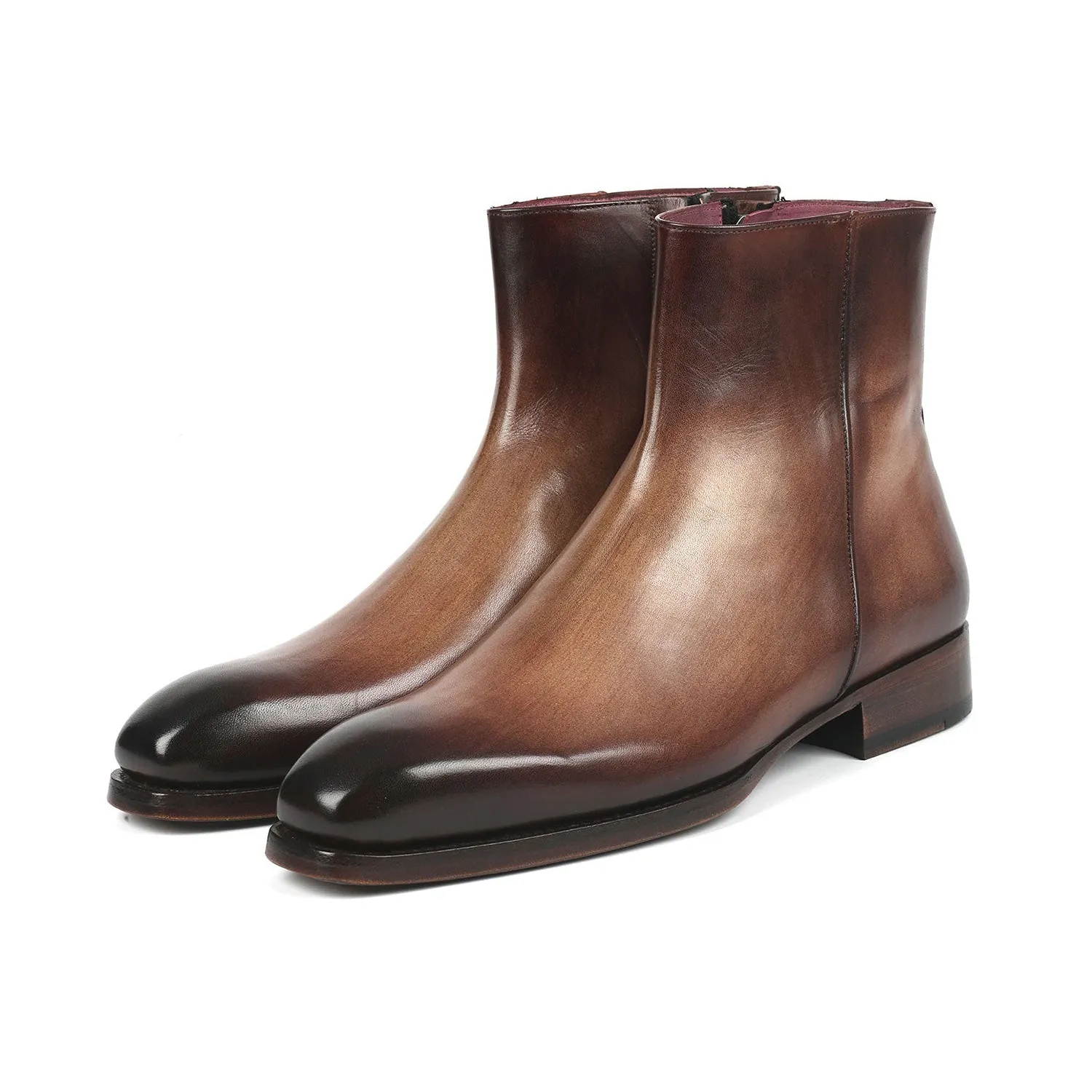 Paul Parkman BT3955-BRW Men's Shoes Brown Burnished Calf-Skin Leather Goodyear Welted Dress Zipper Boots (PM6344)