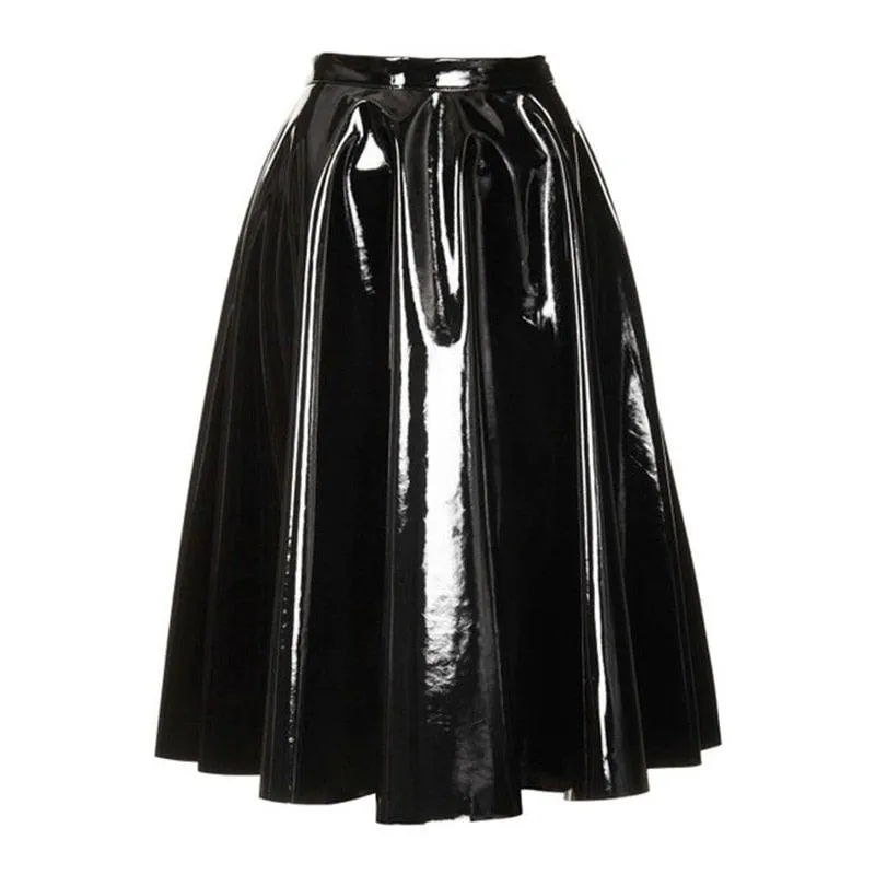 Pleated Midi Skirt Gothic High Waist Knee Length PU Leather