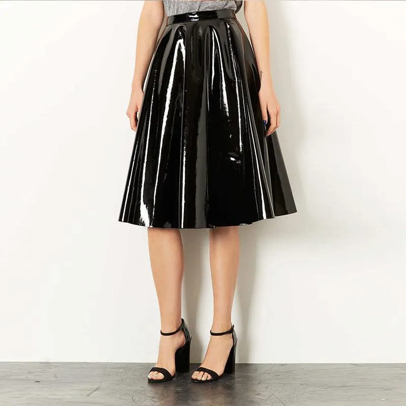 Pleated Midi Skirt Gothic High Waist Knee Length PU Leather