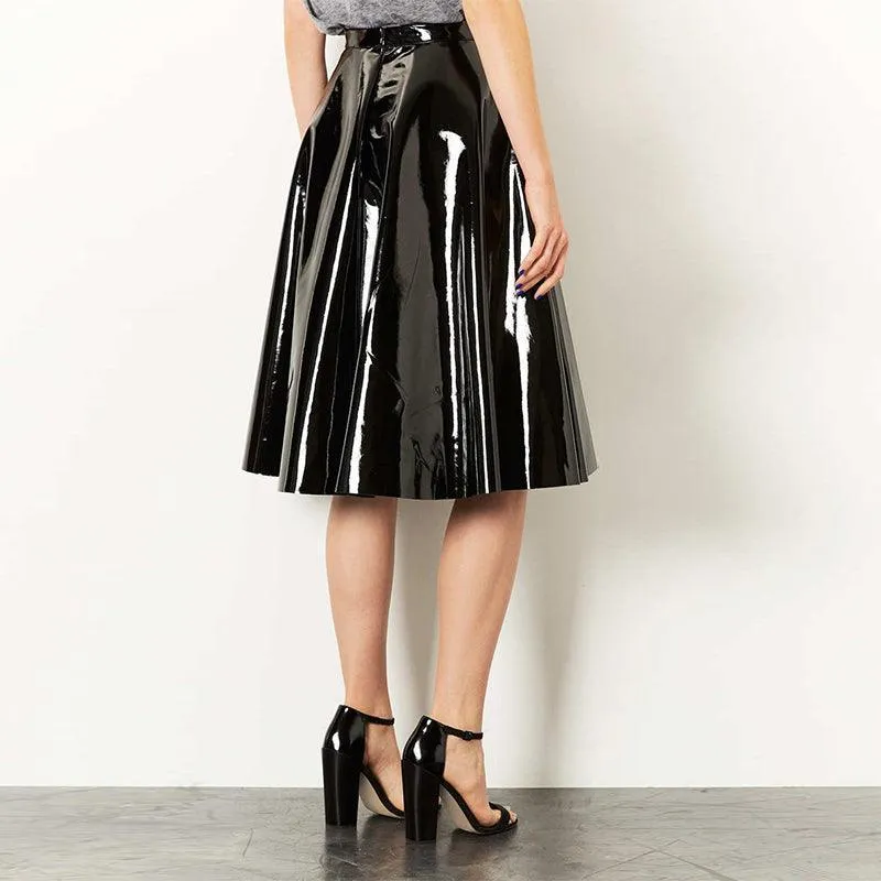 Pleated Midi Skirt Gothic High Waist Knee Length PU Leather