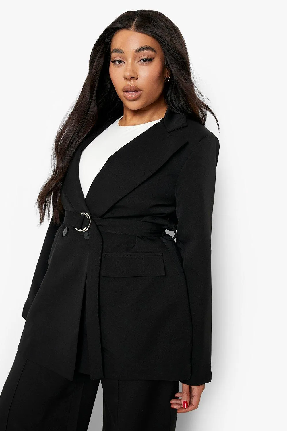 Plus Double Breasted D Ring Belted Blazer