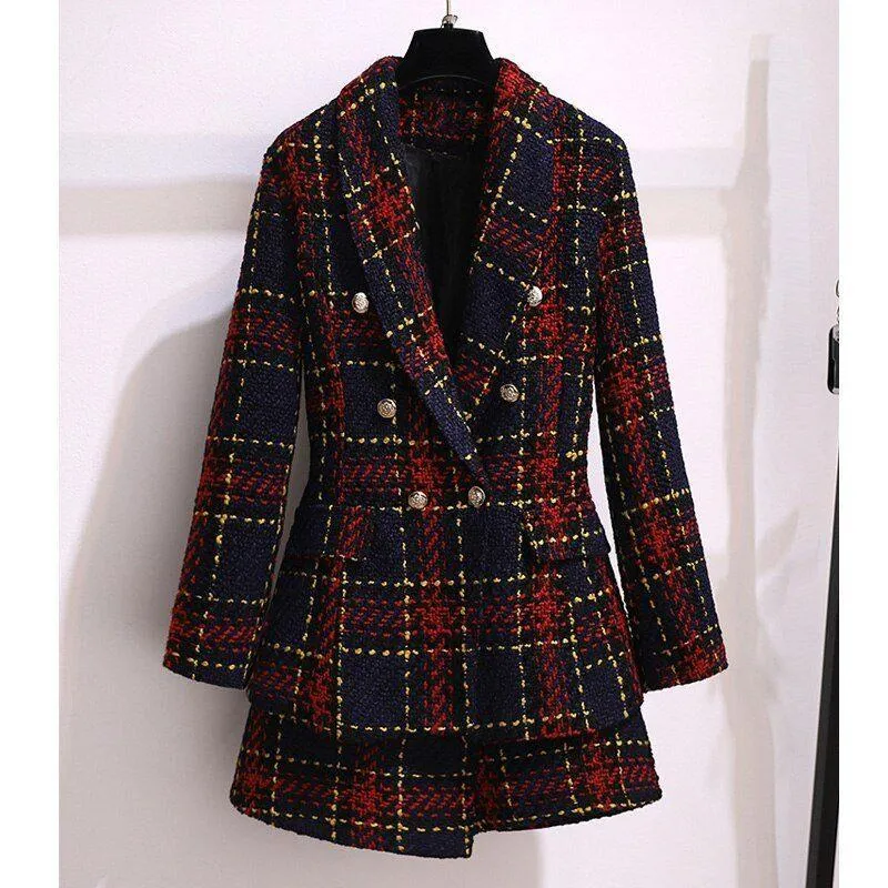 Red Plaid Tweed Skirt Suit