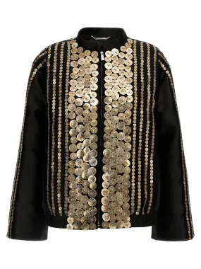 Sequin Satin Bomber Jacket Casual Jackets, Parka Black