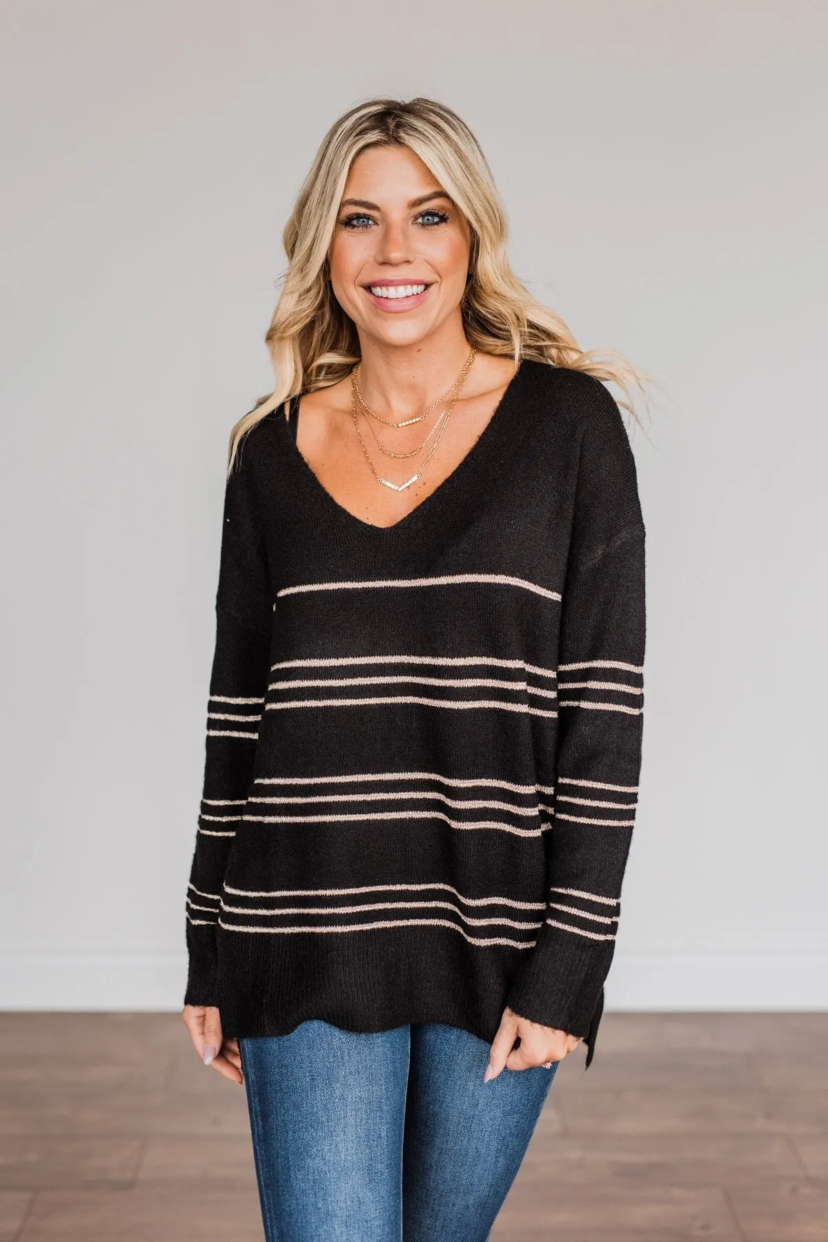 Simply The One Striped Sweater- Black