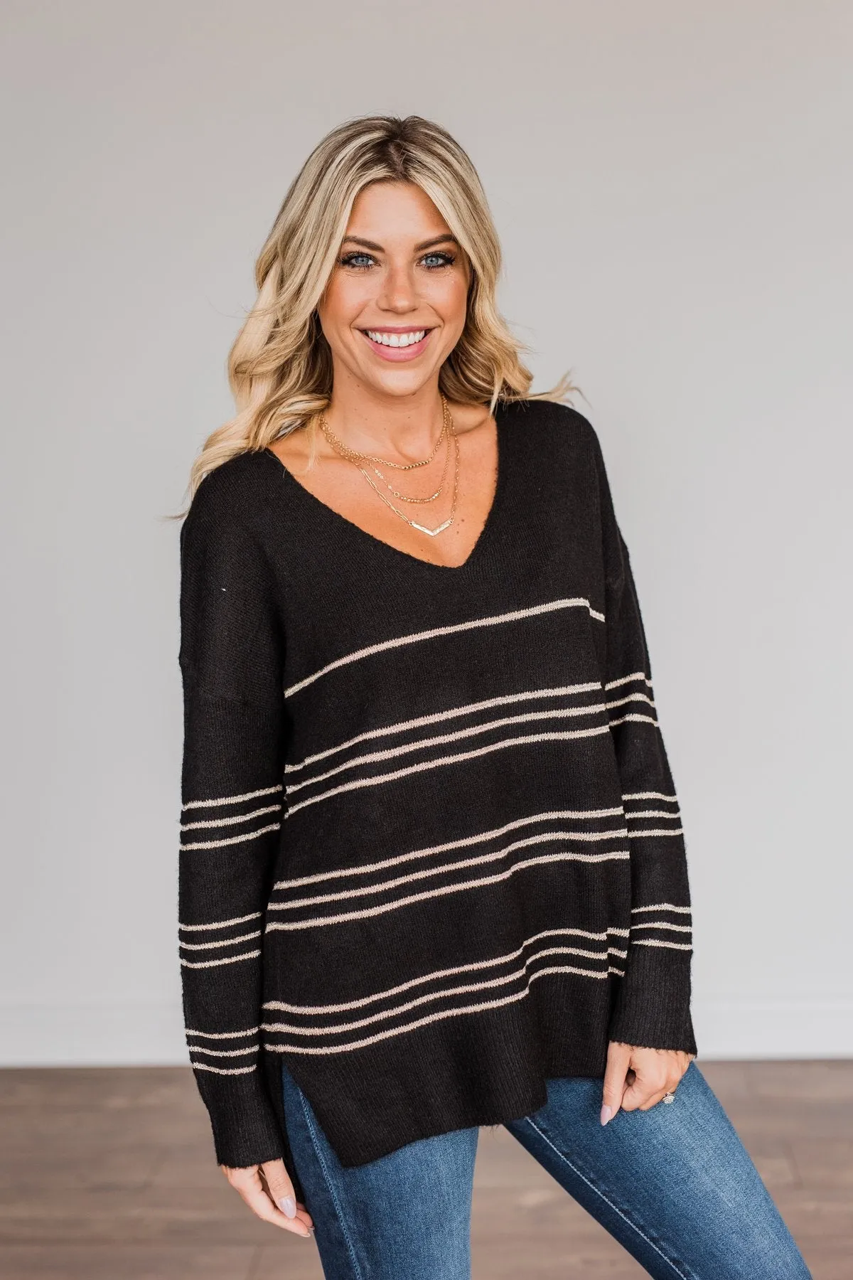 Simply The One Striped Sweater- Black