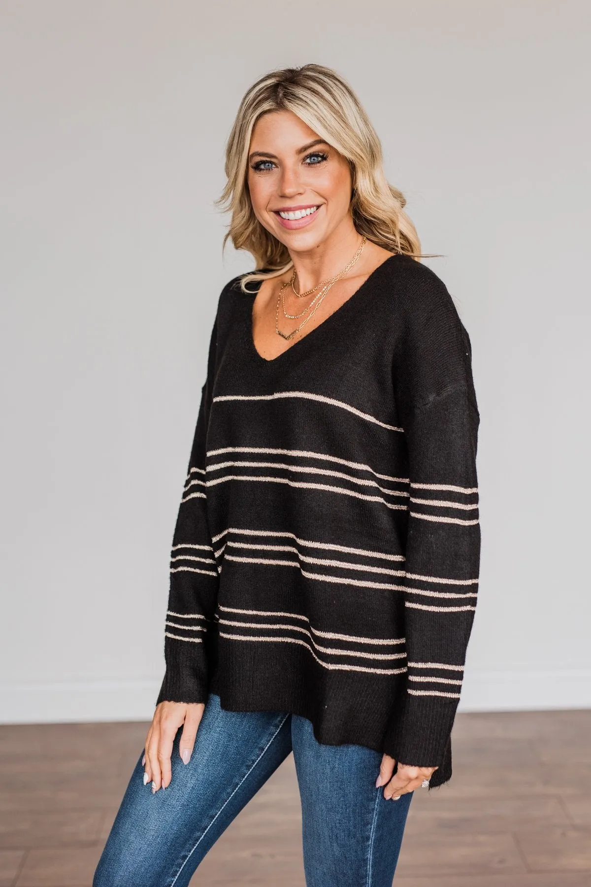 Simply The One Striped Sweater- Black