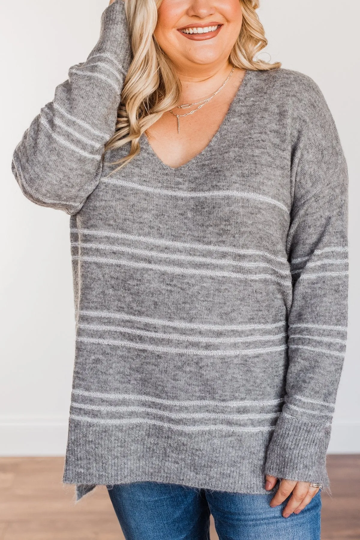 Simply The One Striped Sweater- Grey