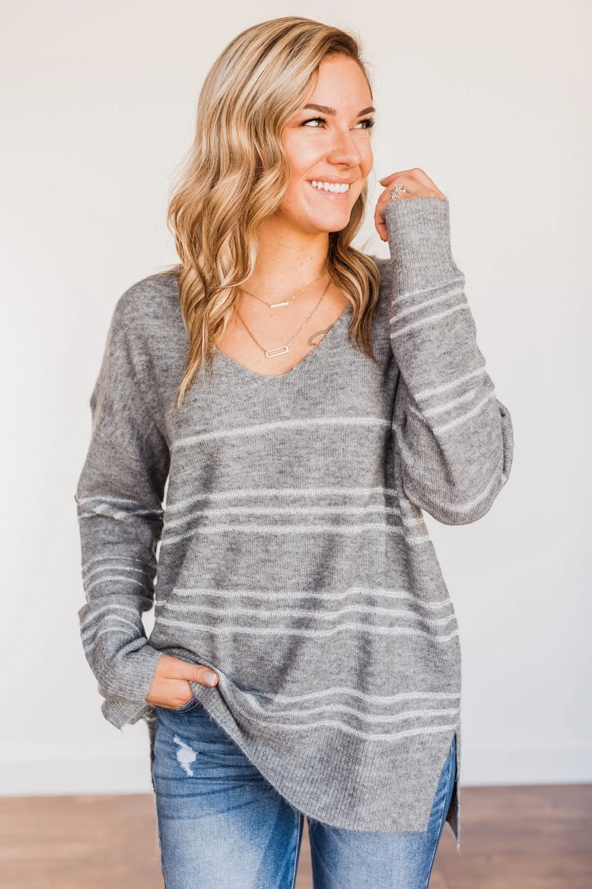 Simply The One Striped Sweater- Grey