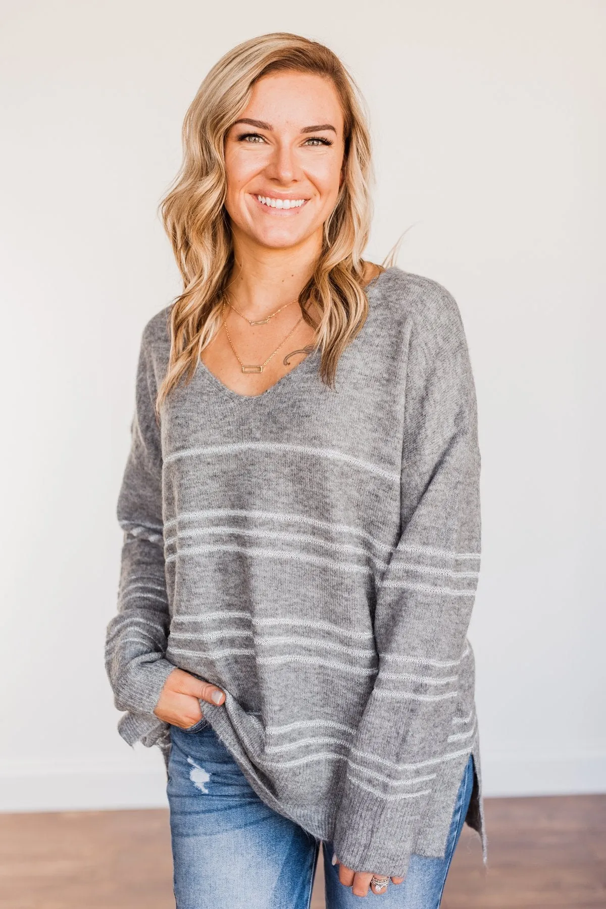 Simply The One Striped Sweater- Grey