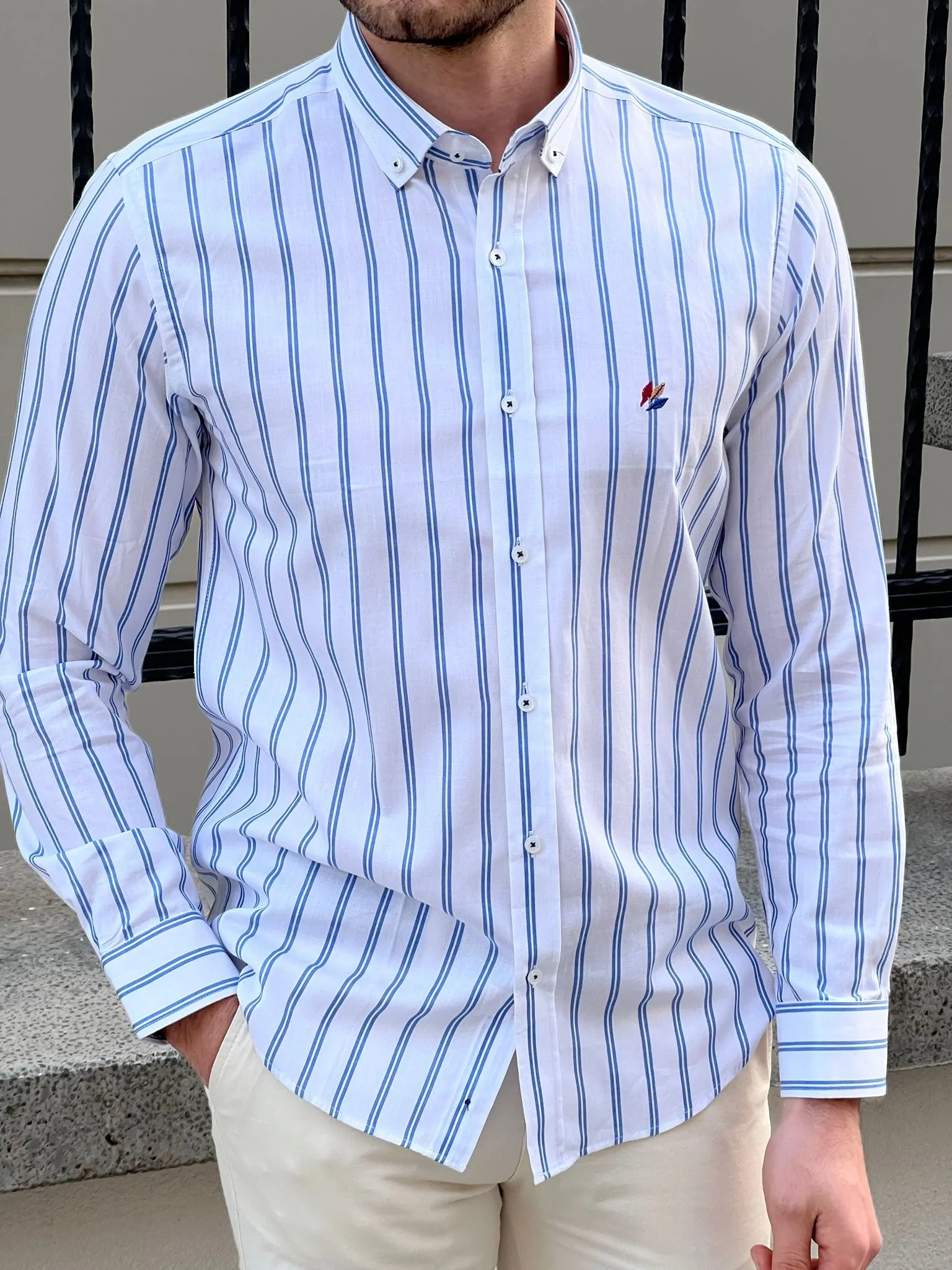 Slim Fit Striped Cotton White & Blue Shirt