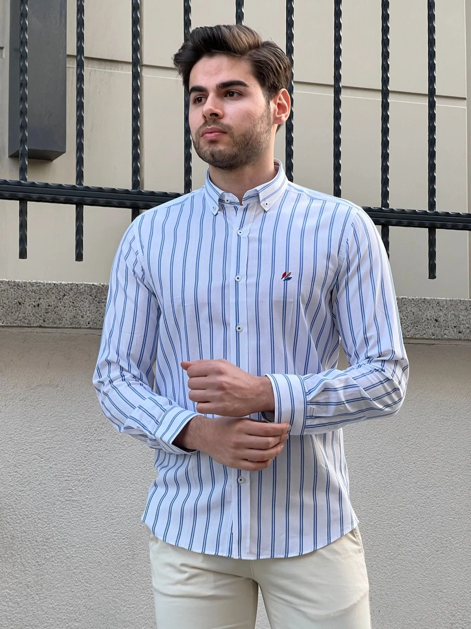 Slim Fit Striped Cotton White & Blue Shirt