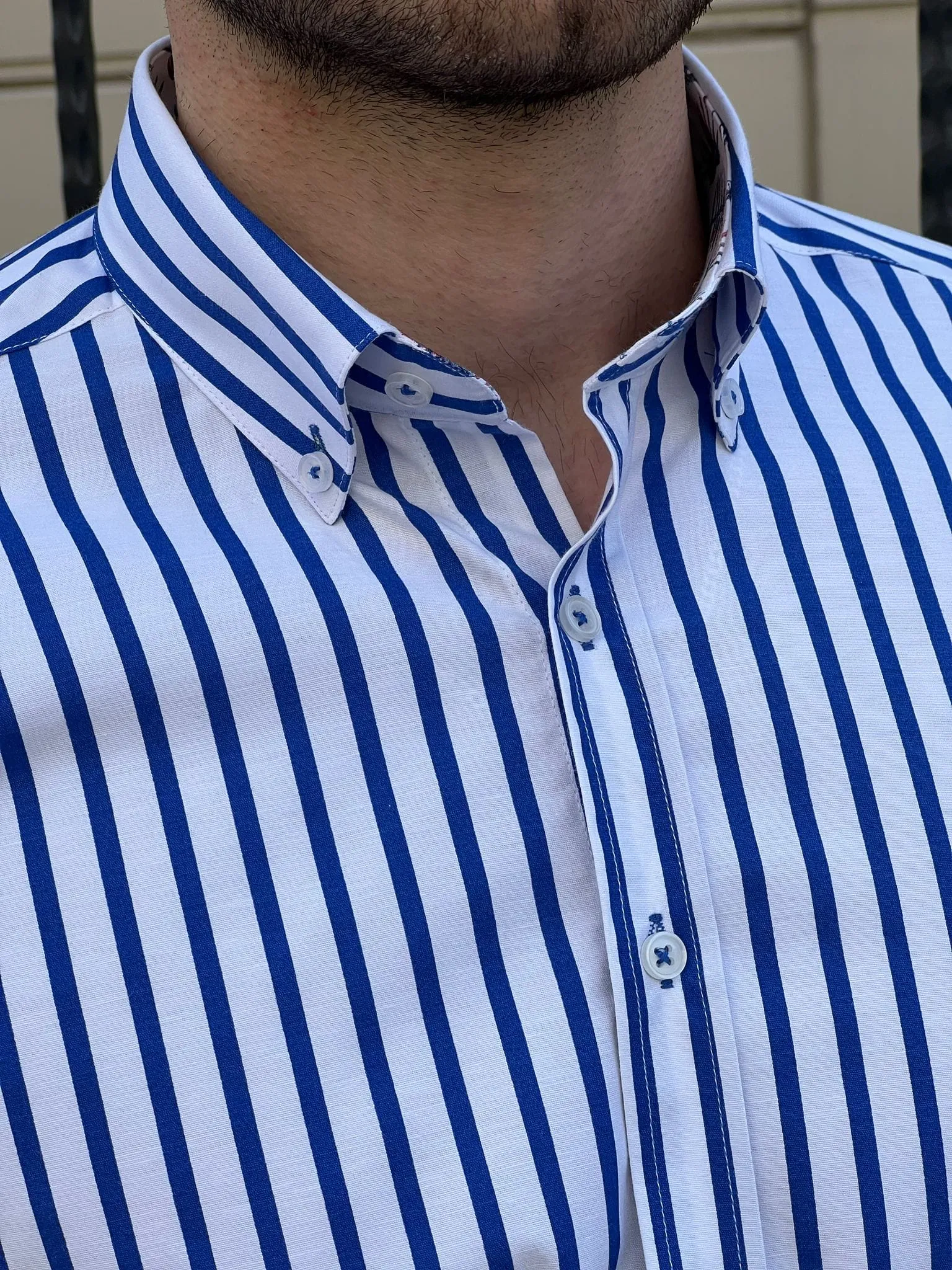 Slim Fit Striped Cotton White & Sax Shirt