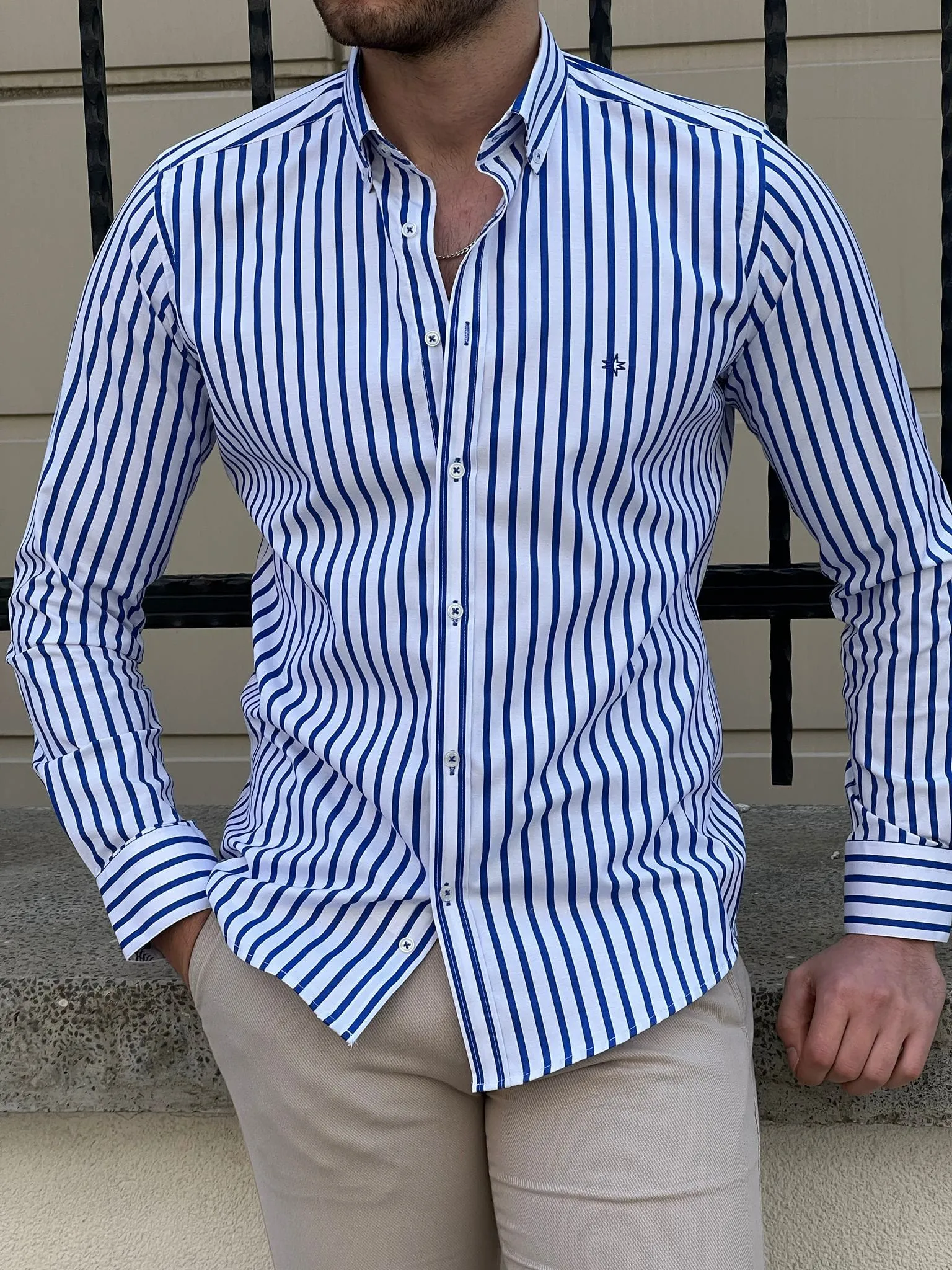 Slim Fit Striped Cotton White & Sax Shirt