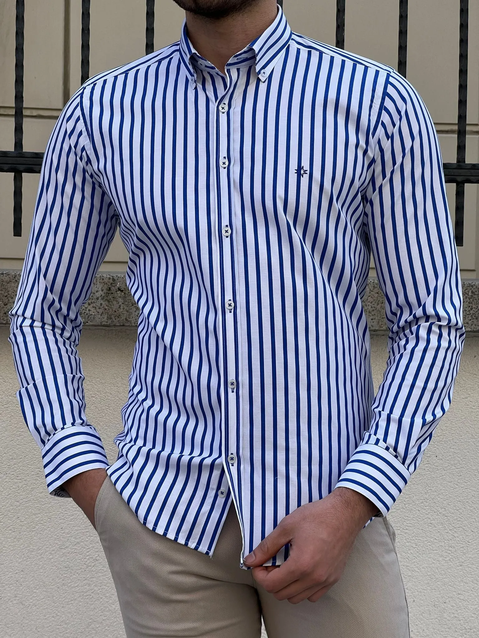 Slim Fit Striped Cotton White & Sax Shirt