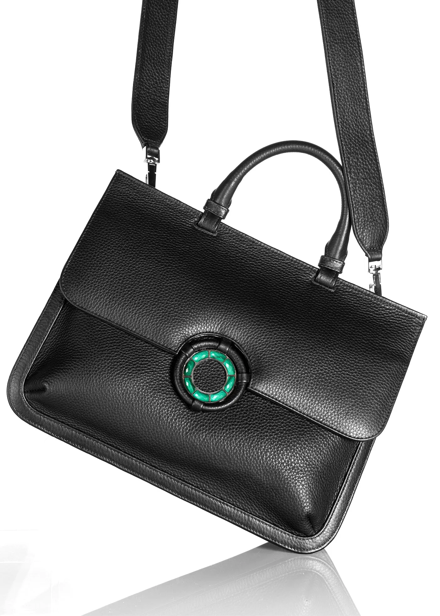 Sydney Convertible Satchel - Black Leather, Malachite Grommet