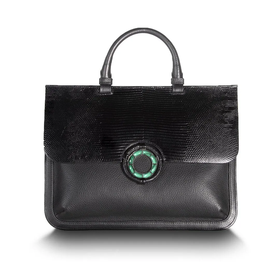 Sydney Convertible Satchel - Black Lizard & Leather, Malachite Grommet