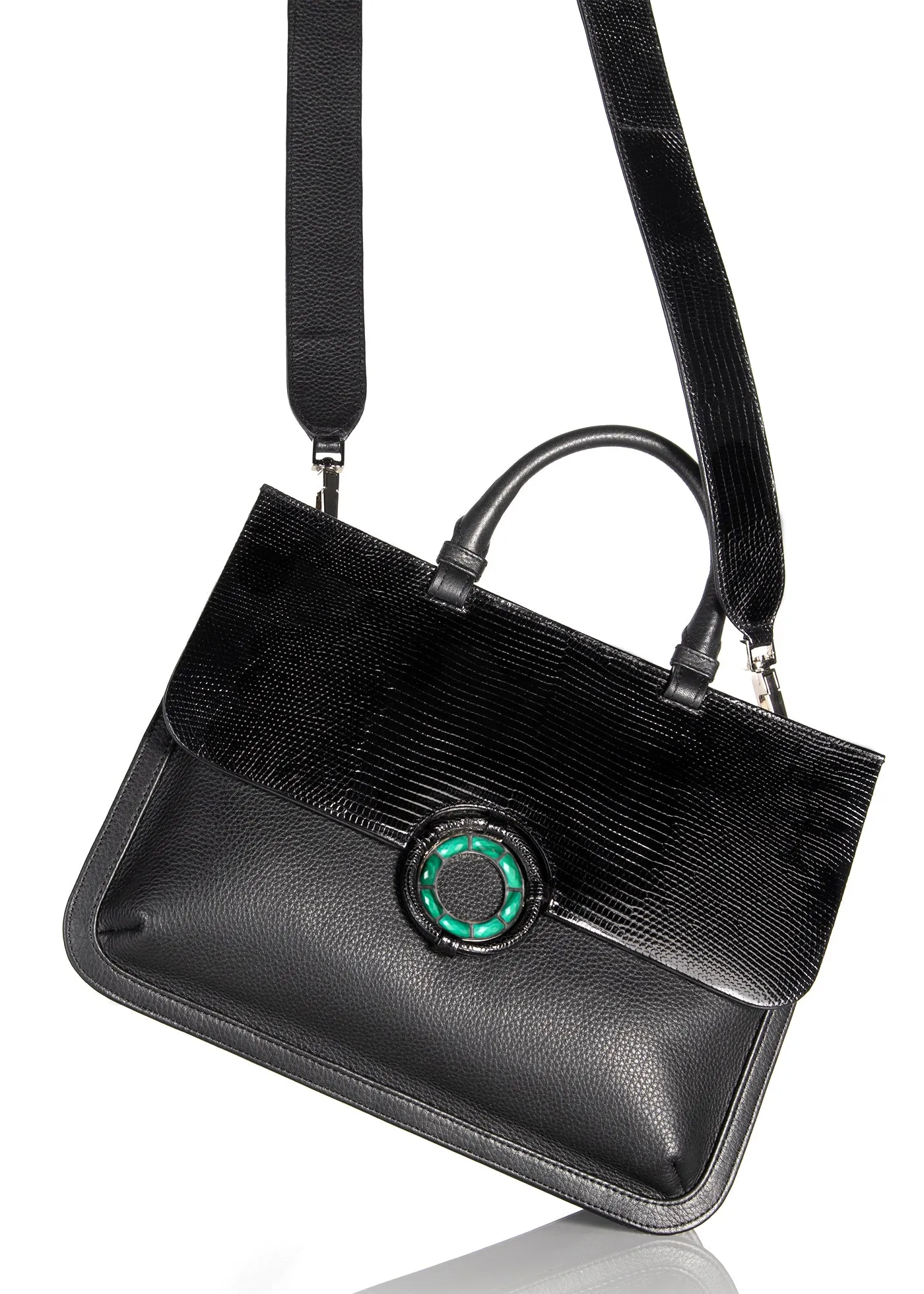 Sydney Convertible Satchel - Black Lizard & Leather, Malachite Grommet