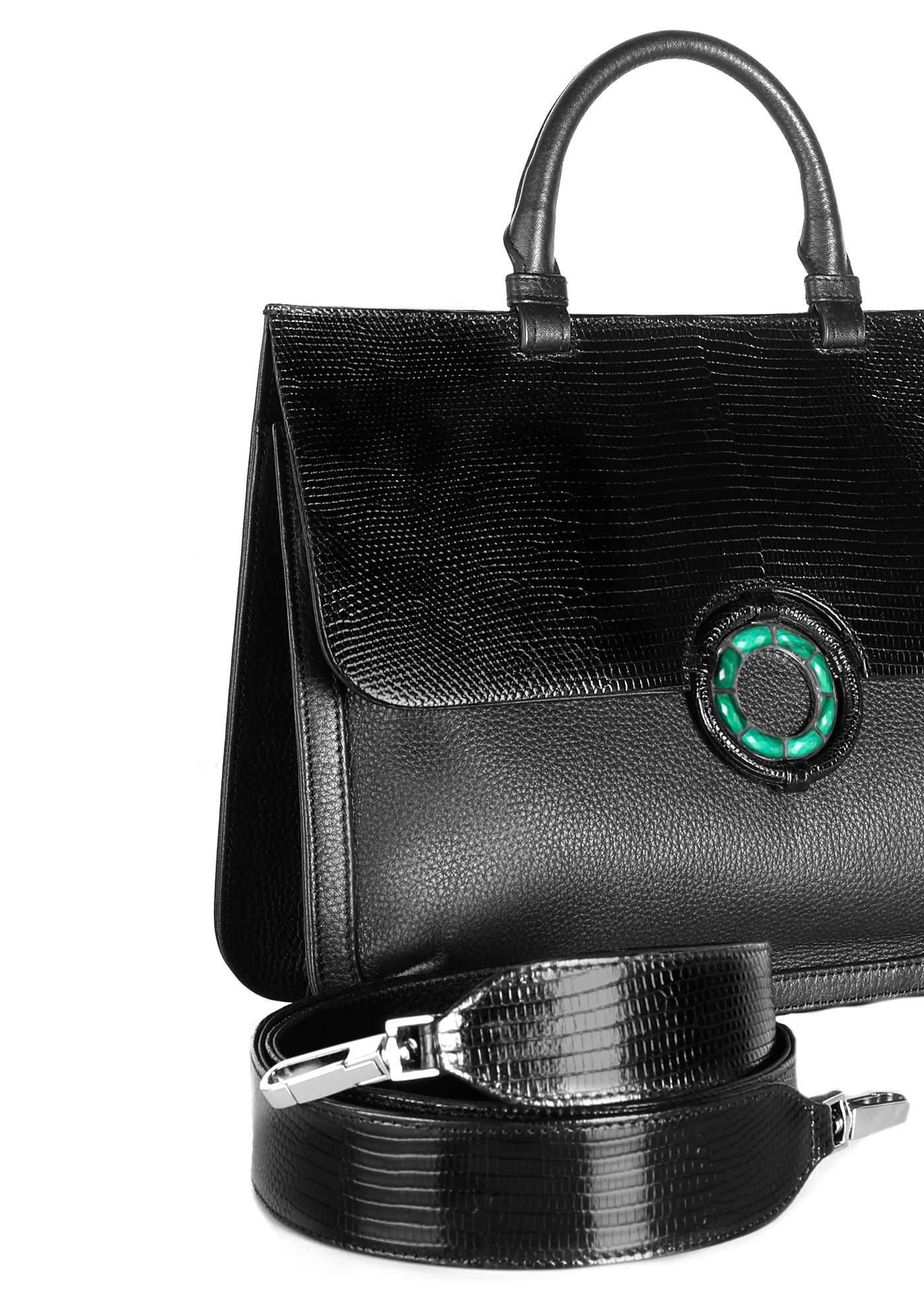 Sydney Convertible Satchel - Black Lizard & Leather, Malachite Grommet