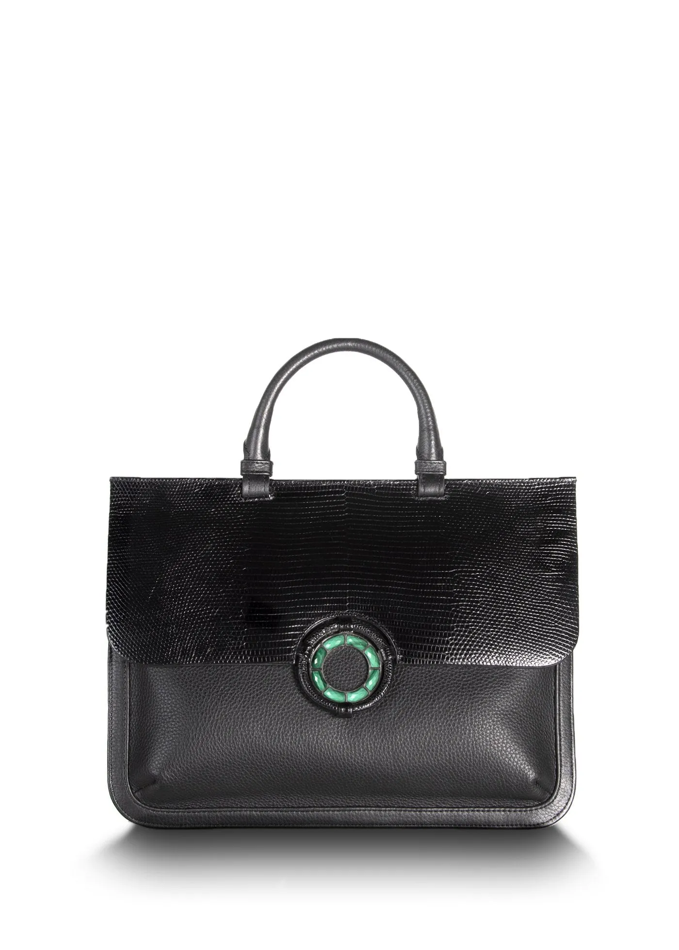 Sydney Convertible Satchel - Black Lizard & Leather, Malachite Grommet