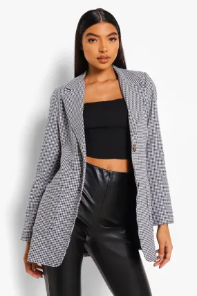 Tall Woven Dogtooth Puff Sleeve Pocket Blazer