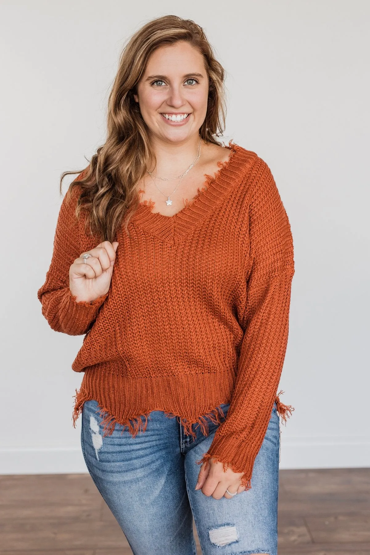 True Charm Distressed Frayed Sweater- Rust