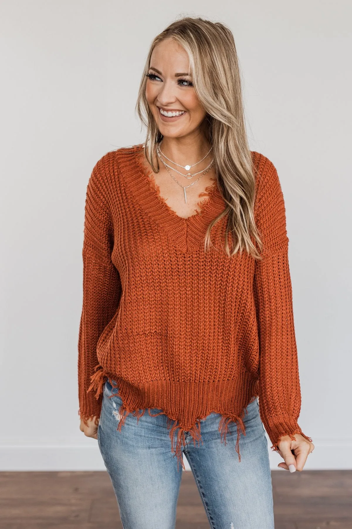 True Charm Distressed Frayed Sweater- Rust