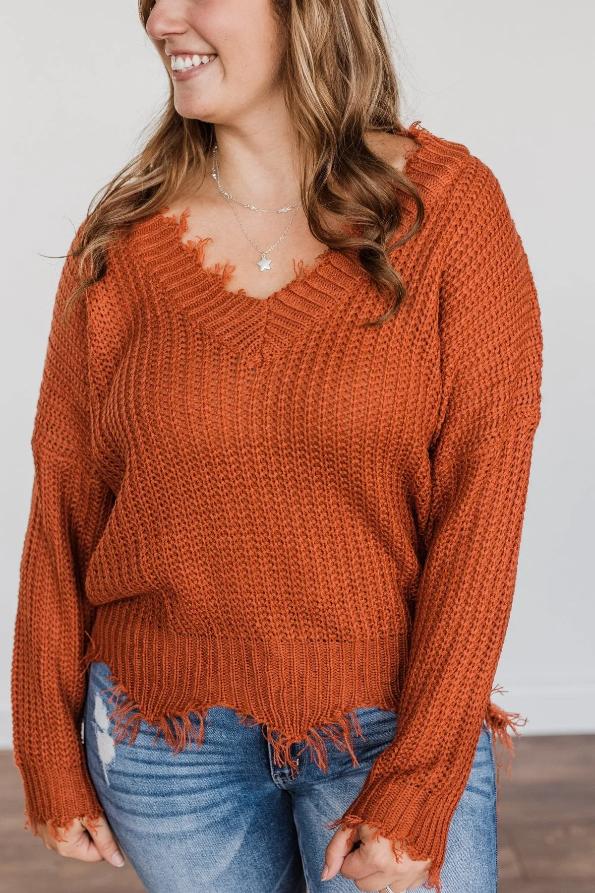 True Charm Distressed Frayed Sweater- Rust