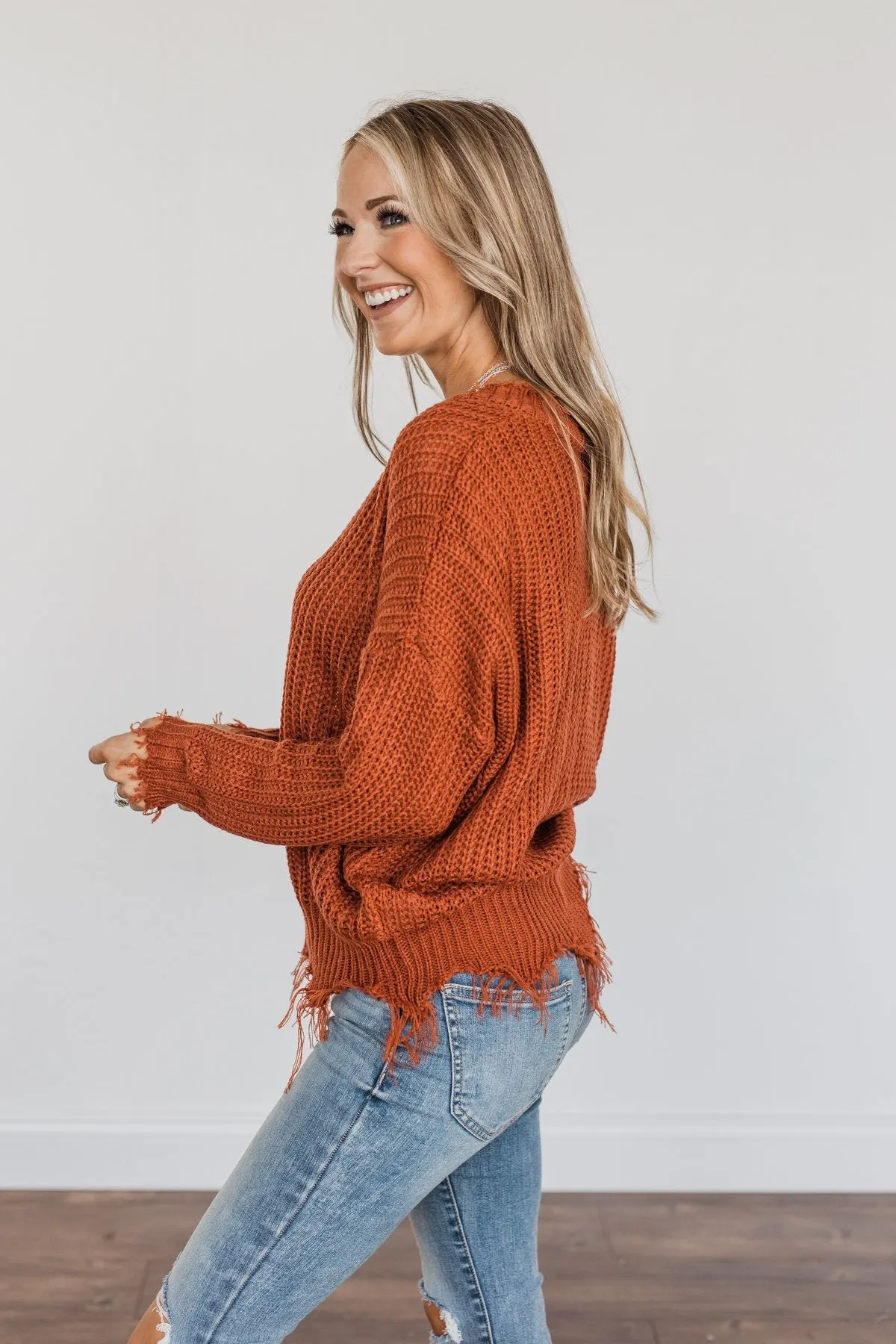 True Charm Distressed Frayed Sweater- Rust