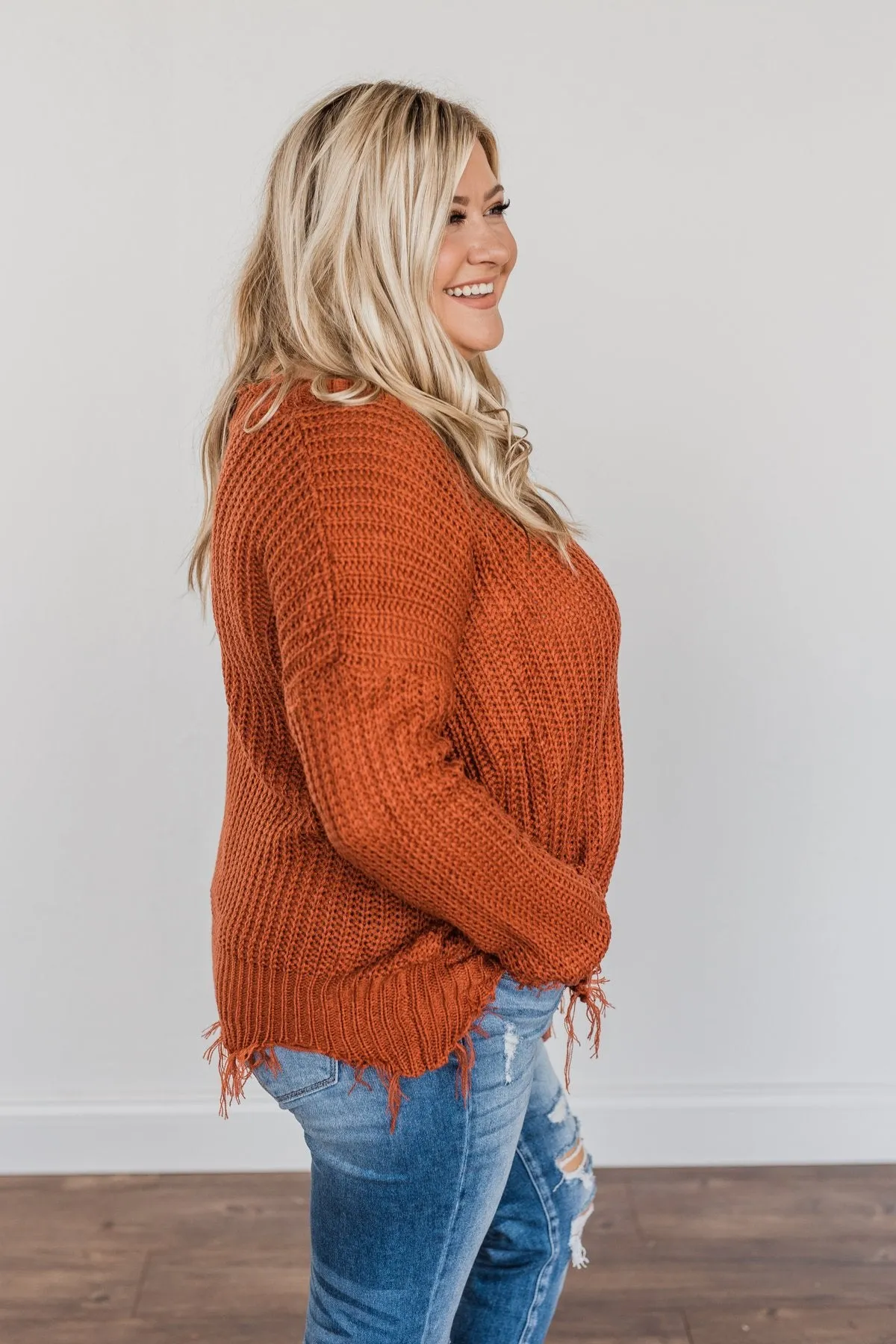 True Charm Distressed Frayed Sweater- Rust