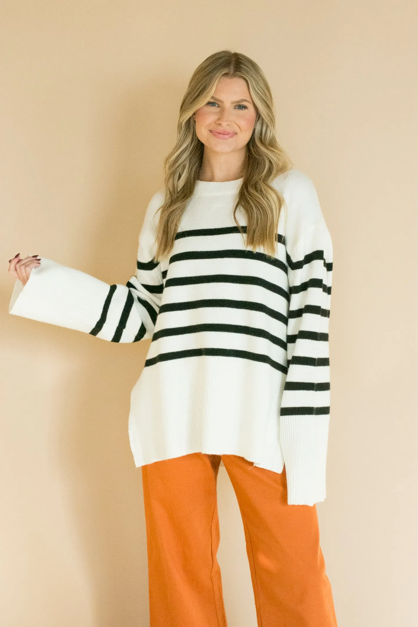 Warm Embrace Ivory Striped Sweater Top