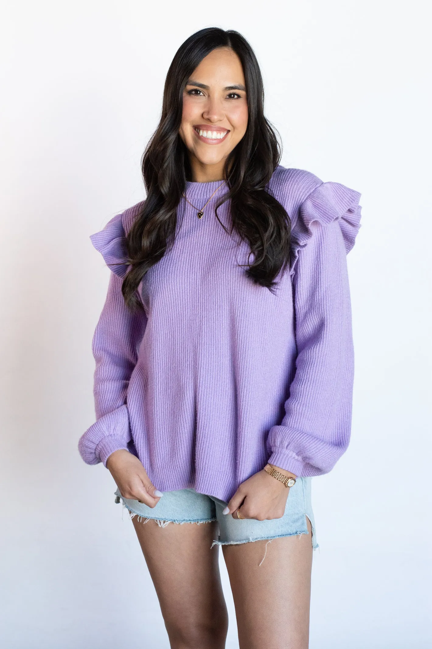 Warm Impression Ruffle Sleeve Lavender Sweater